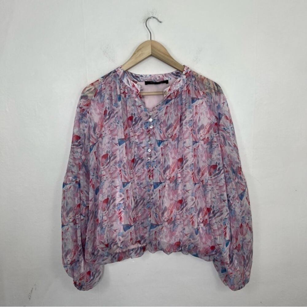 Marc New York Andrew Marc Abstract Multicolor Floral Bubble SleeveTop